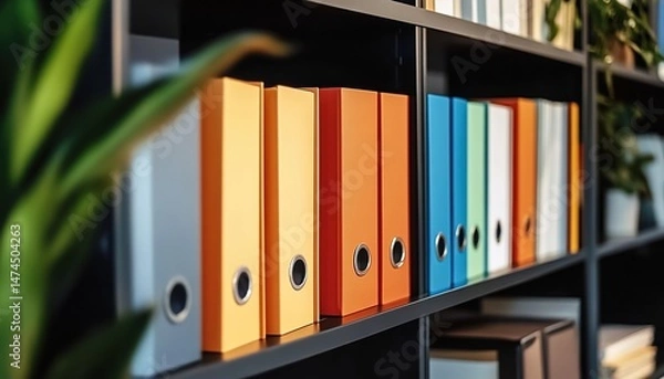 Fototapeta Colorful file folders on black shelves with plants and wooden desk in office.
