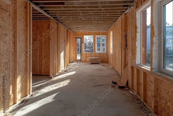 Fototapeta Interior View of Unfinished Room with Wooden Frame and Windows