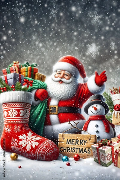 Fototapeta A festive Christmas postcard in the snow with Santa, presents and a cheerful snowman under a sparkling winter sky.