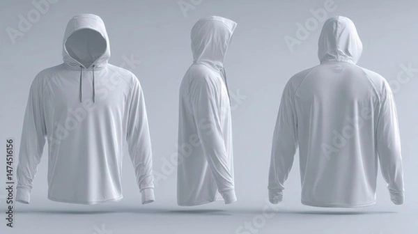 Fototapeta Light grey sun protection hoodie mockup with long sleeves, thumbholes, and hood shown on light grey background

