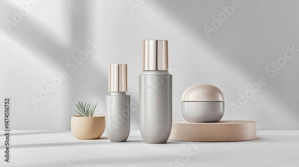 Fototapeta Elegant skincare bottles and a jar, arranged with a touch of nature, capturing a serene and modern aesthetic.