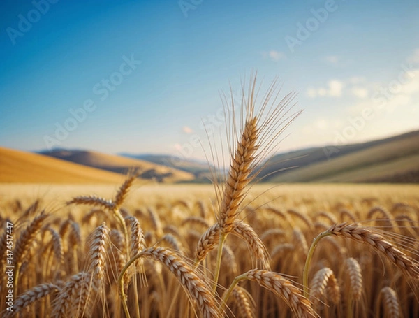Fototapeta A beautiful close-up shot of golden wheat swaying gently in a vast field under a blue sky.