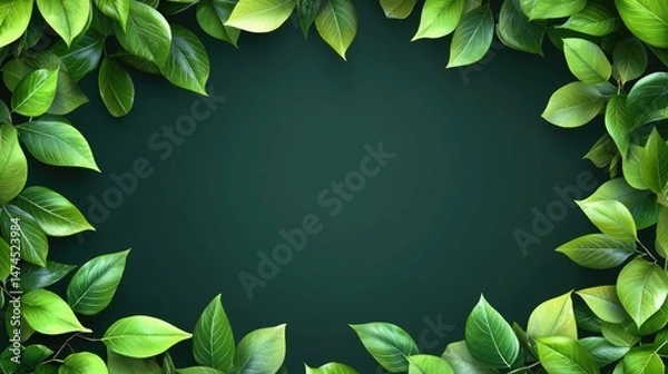 Fototapeta Lush Green Leaves Frame on Dark Green Background, Ideal for Nature-Themed Designs and Creative Projects