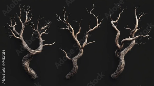 Fototapeta Three Twisted and Bare Tree Branches Against a Dark Background, Suitable for Halloween or Winter Themes