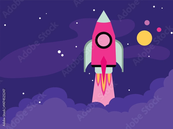 Fototapeta Purple space day rocket flat vector background