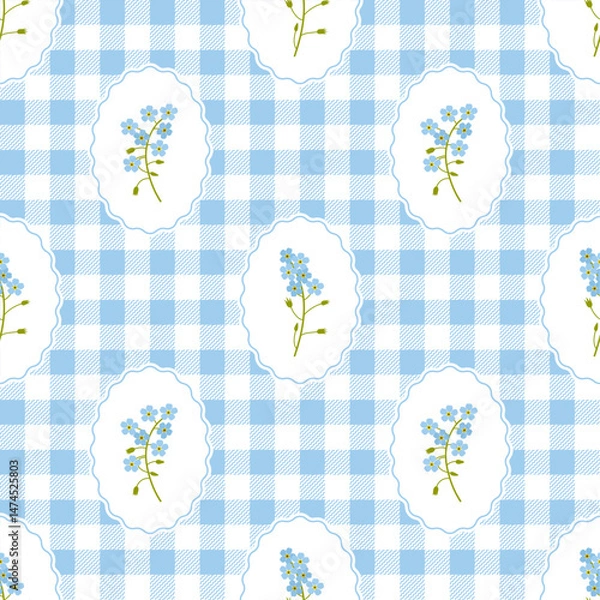 Fototapeta Coquette trellis floral seamless pattern on a checkered background. Vintage Rustic Design. Hand-drawn Myosotis vector illustration