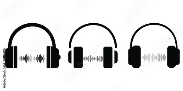 Obraz Black Headphone Icons Set – Vector Collection on White Background