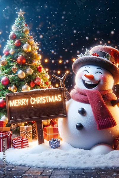 Fototapeta A festive poster celebrating Christmas with the joy of snowmen bringing joy amidst the falling snow.