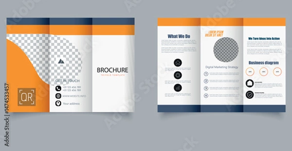 Fototapeta Corporate Trifold Brochure Layout for Marketing or Business Promotion. Clean layout ideal for digital marketing, corporate presentations, and business promotion, images, and infographics.