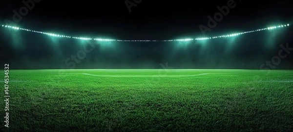 Fototapeta Nighttime soccer field illuminated by green lights with white goalposts and empty spectator stands.