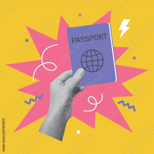 Fototapeta Collage design with hand holding passport document. Traveling, destination concept. Vector illustration