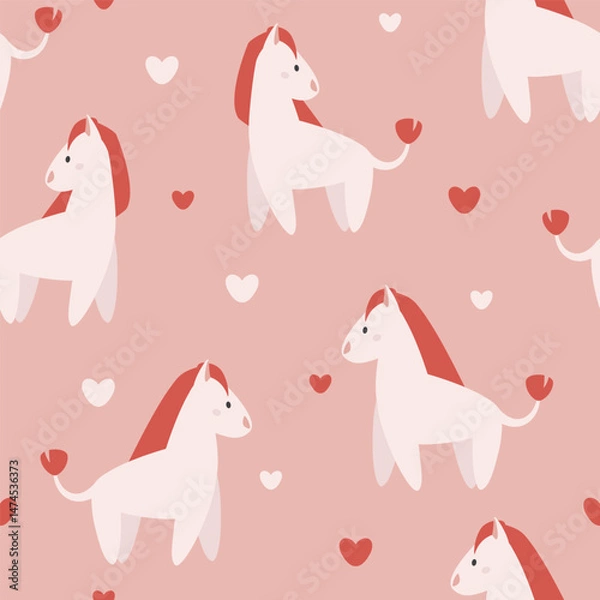 Obraz Pink vector seamless pattern of many little horses, tiny hearts signs. Cute baby cloth print. Pastel colors childish background. Flat animal icons. Kids room trending wallpaper design. Funny pony set