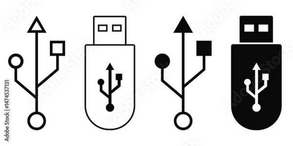 Obraz USB Flash Drive Icon Set – Vector Symbol of USB Stick, Flash Disk,
 and Storage Device Isolated on White Background