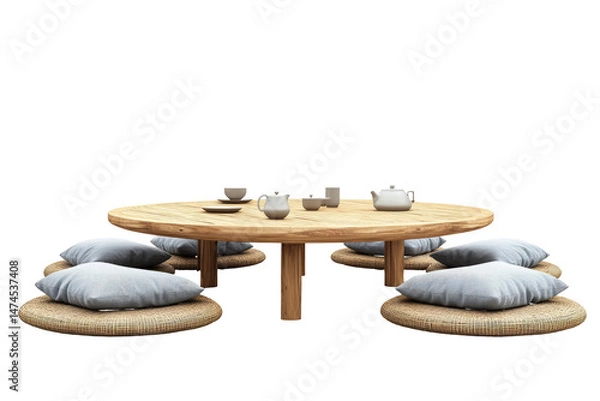 Obraz Low round wooden table with cushions for seating and tea set