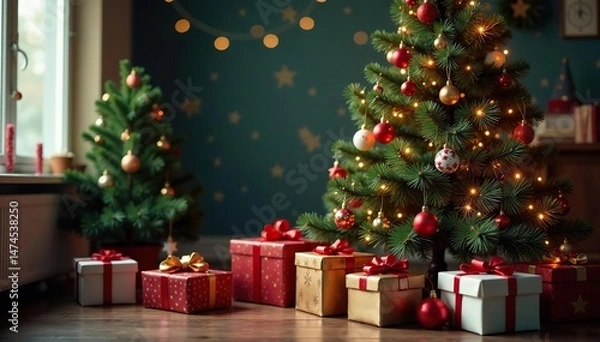 Fototapeta Beautifully decorated Christmas tree overflowing with presents , season, festive, red