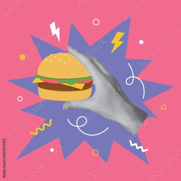 Fototapeta Collage design with hand holding burger on colorful background. Holiday, birthday, party concept. Vector illustration