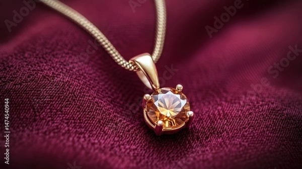 Fototapeta Gold necklace with gemstone pendant displayed on a deep burgundy background with soft shadows