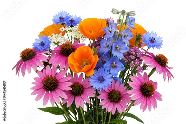 Fototapeta Colorful mixed wildflower bouquet with coneflower, delphinium, gerbera, daisy isolated on white background. Vibrant floral arrangement studio shot, summer garden gift.