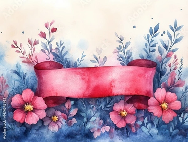 Fototapeta Gentle ribbon in romantic watercolor with botanical flourishes and soft pastel shading, watercolor style, badge, celebration, symbol of awareness, decorative graphic element