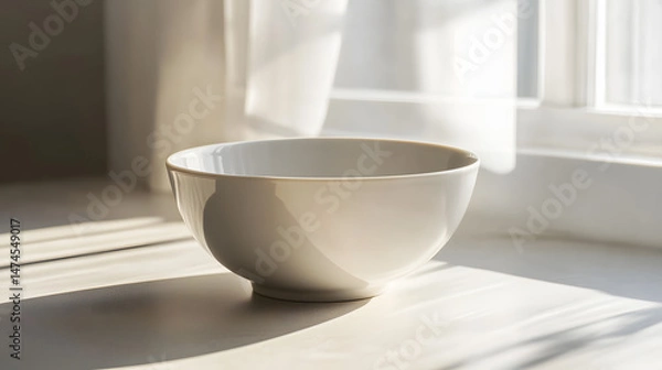 Fototapeta Minimalist Bowl: A simple ceramic bowl rests on a sunlit windowsill, embraced by gentle light and soft shadows that accentuate its curves, radiating a serene atmosphere.