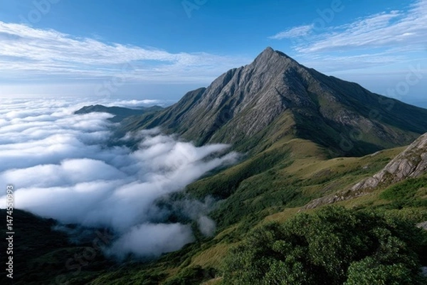 Fototapeta A stunning view of a sharp mountain peak rising above a sea of clouds, showcasing natural beauty and tranquility in the midst of a clear blue sky, ideal for nature lovers.