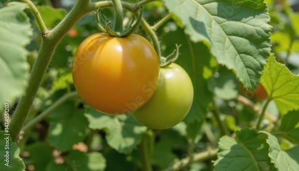 Fototapeta the tomatoes continue to swell and develop glossiness. the surrounding leaves fan out for better sunlight exposure