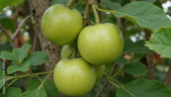 Fototapeta the fruits reach full size but remain green and hard. the skin is smooth with slight veining