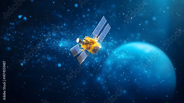 Fototapeta A satellite orbits a celestial body in a deep space setting, surrounded by shimmering particles