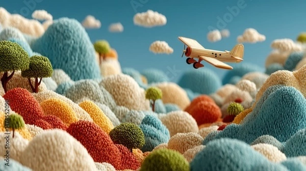 Fototapeta cartoon airplane flying in the blue sky with clouds over the trees and stones seamless looped 3d animation,photo stocks