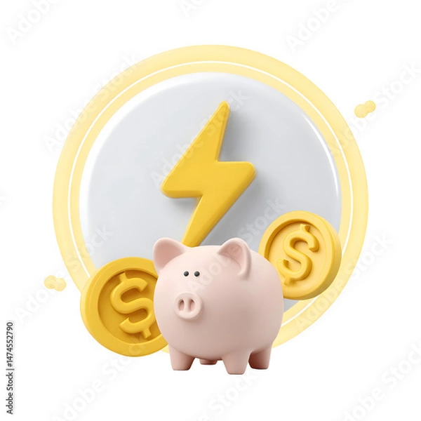 Fototapeta A minimalist conceptual depicting the synergy between saving energy and managing finances through the use of a piggy bank and electric bolt icons