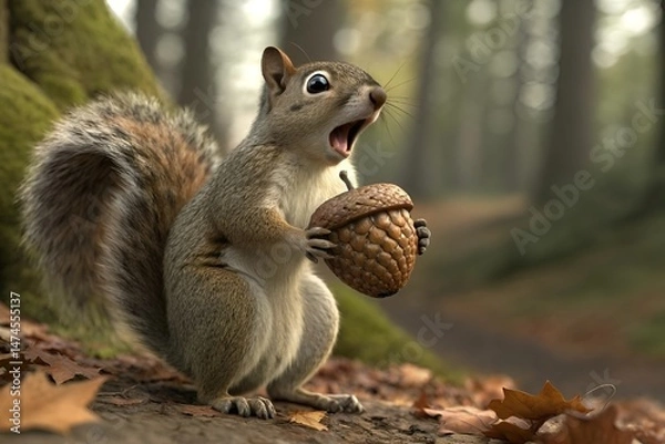 Obraz 3D Realistic Surprised Squirrel Holding Acorn CGI Render