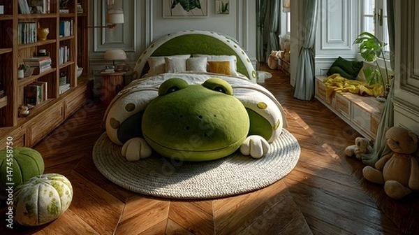 Fototapeta Lively Top-View Bedroom Showcasing a Creatively Designed Frog-Shaped Bed with Plush Texture and Playful, Inviting Details Illuminated by Natural Daylight