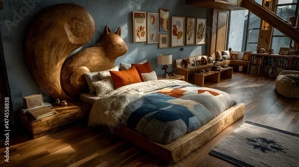 Fototapeta Imaginative Bedroom Featuring a Playful Squirrel-Inspired Bed with Elegantly Arranged Limbs and a Curved Tail Pillow Amid Pastel Walls and Polished Wooden Flooring in a Top-Down View