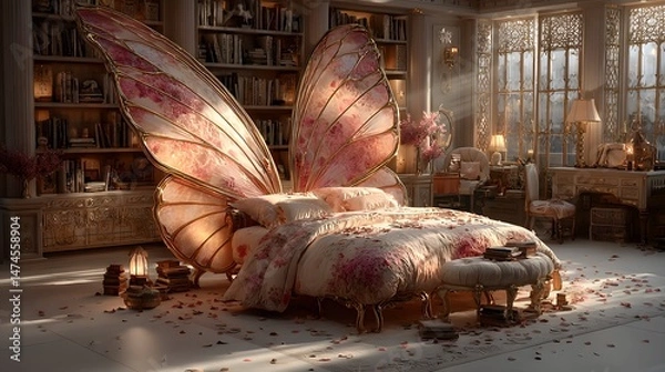 Fototapeta A Vibrant and Enchanting Magical Bedroom Featuring a Butterfly-Shaped Bed with Silky, Curved Wings and Pastel Lighting Captured from a Top View