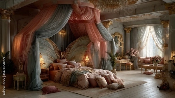 Fototapeta A Whimsical Bedroom Interior with an Artfully Crafted Butterfly-Shaped Bed Highlighted by Luxurious Textiles, Gentle Silk Wings, and Enchanting Pastel Illumination from a Top View