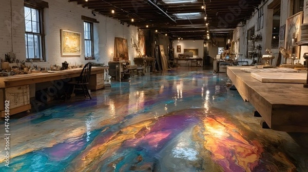 Fototapeta Mesmerizing Art Workspace with Bold Epoxy Floor and Abstract Splatters Illuminated by Natural Skylights