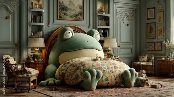 Fototapeta Cheerful Frog-shaped Bedroom with Plush Round Bed and Inviting Design Illuminated by Natural Light from a Top View Perspective