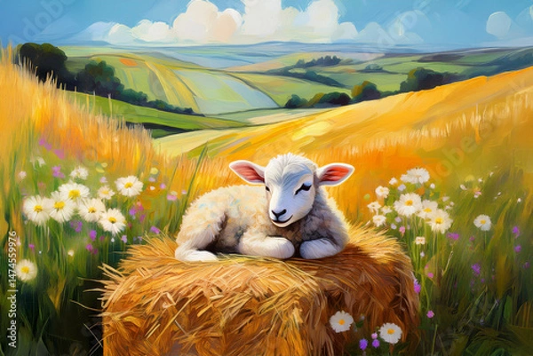 Fototapeta Painting image of lamb lying on bale of hay near wildflowers in meadow field against backdrop of rolling hills landscape in summertime
