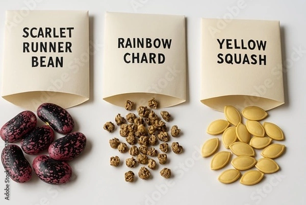 Obraz Heirloom vegetable seeds spilling from seed packets on a white background, ready for planting