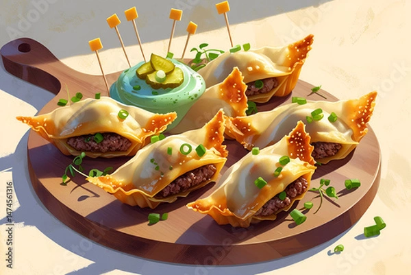 Fototapeta Cheeseburger Gyoza with Pickle Dipping Foam