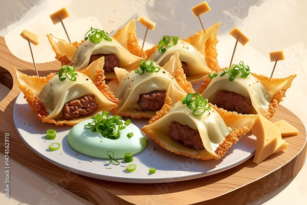Fototapeta Cheeseburger Gyoza with Pickle Dipping Foam