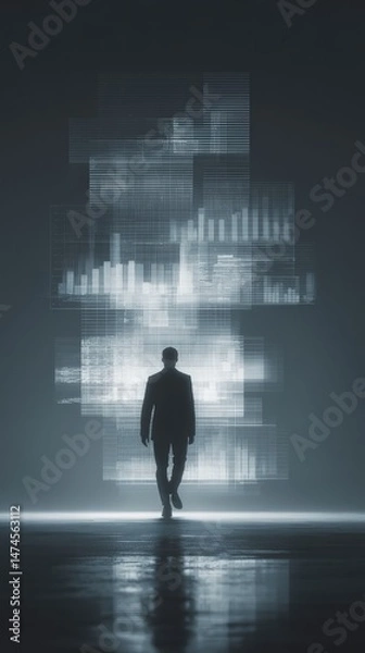 Fototapeta Digital Businessman Persona Emerging from Tablet Screen in Spotlight Business Audience Analysis Concept
