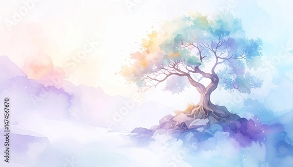 Fototapeta Serene Bonsai Tree Painting - Japanese landscape background
