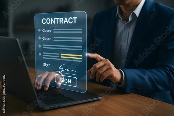 Fototapeta A man in a suit uses a laptop to review a digital contract. The interface is clean and modern, showing the clauses and a signature area.
