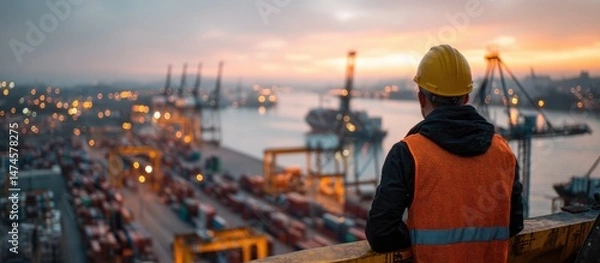 Obraz Port Worker Overseeing Docks at Sunset