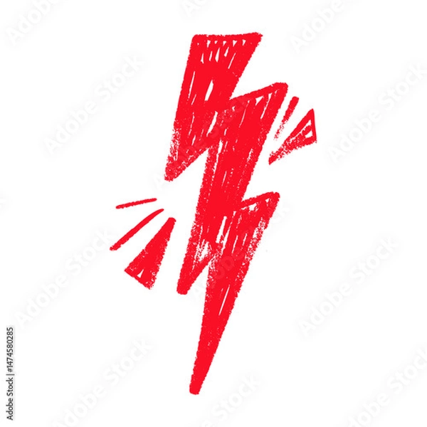 Obraz Red Hand draw thunder bolt with zappy doodle lines. Electric lightning flash energy symbol. Flat vector illustration isolated on white background.