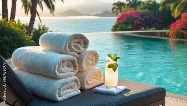 Fototapeta A tranquil poolside setup with soft white towels on a sleek lounge chair, a refreshing mint drink, and sparkling turquoise water, framed by palm trees and vibrant flowers—evoking pure luxury and relax