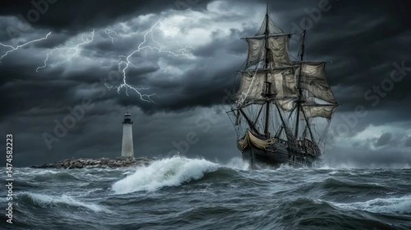 Fototapeta a painting of a pirate ship in the ocean with the sun setting in the background, gothic ship on ocean