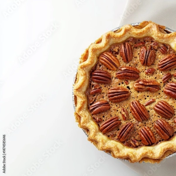 Fototapeta Delicious homemade pecan pie with golden flaky crust and rich caramel filling topped with toasted pecans on a white background