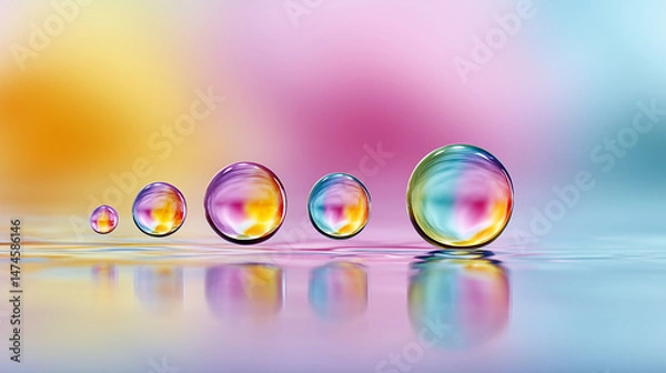 Fototapeta Close-up of colorful water droplets on a reflective surface